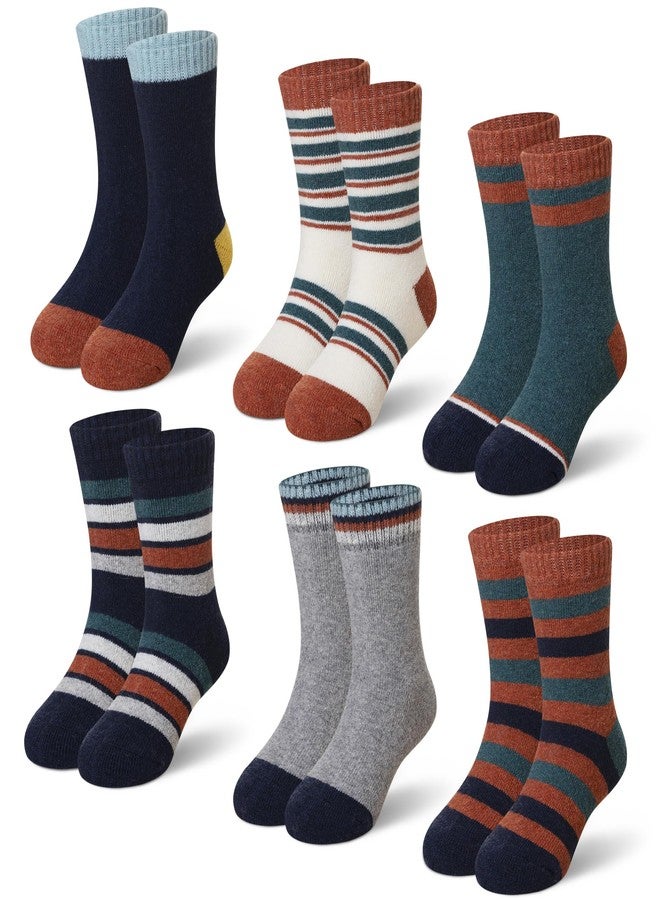 Eyean Kids Merino Wool Socks Boys Girls Thermal Winter Hiking Warm Thick Boot Cozy Toddler Crew Socks 6 Pairs (8-12 Years, Orange Stripes) - Image 1